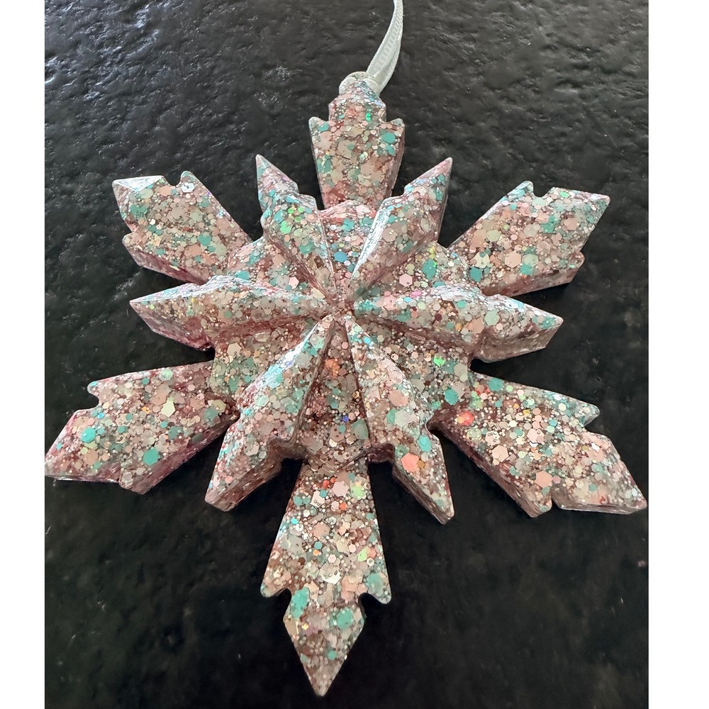 Handmade Pink Teal Glitter Resin Snowflake Ornament 3D Winter Holiday Decor 4in